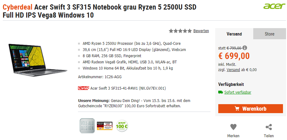 Cyberdeal Acer 宏碁 蜂鸟 Swift3 SF315 15.6英寸笔记本 AMD Ryzen 锐龙移动处理器