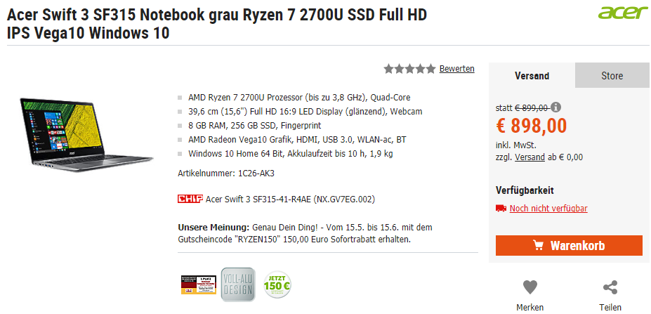 Cyberdeal Acer 宏碁 蜂鸟 Swift3 SF315 15.6英寸笔记本 AMD Ryzen 锐龙移动处理器