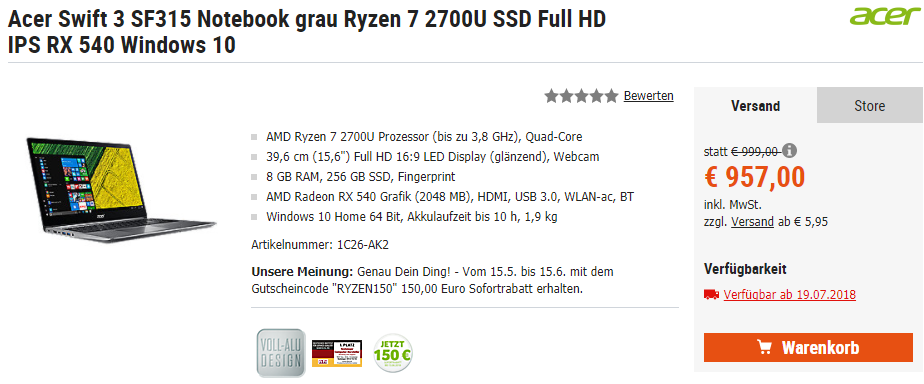 Acer Swift 3 Notebook mit AMD Ryzen 5 / Ryzen 7