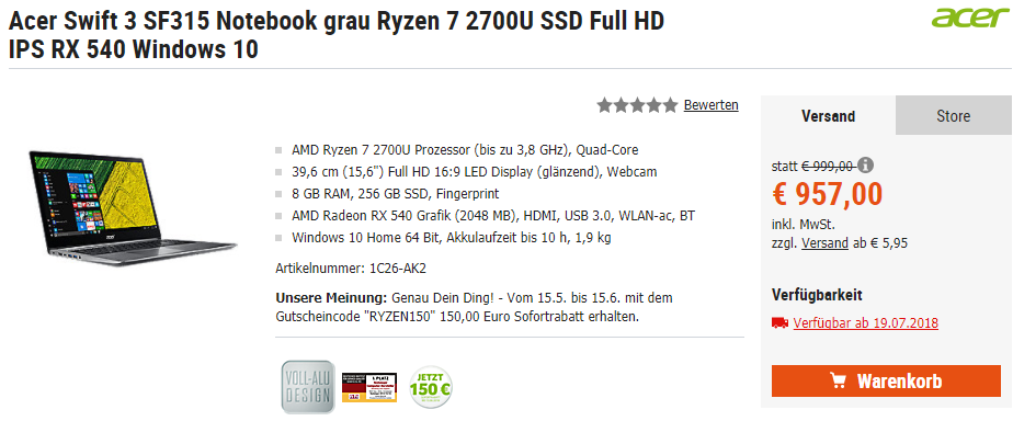 Cyberdeal Acer 宏碁 蜂鸟 Swift3 SF315 15.6英寸笔记本 AMD Ryzen 锐龙移动处理器